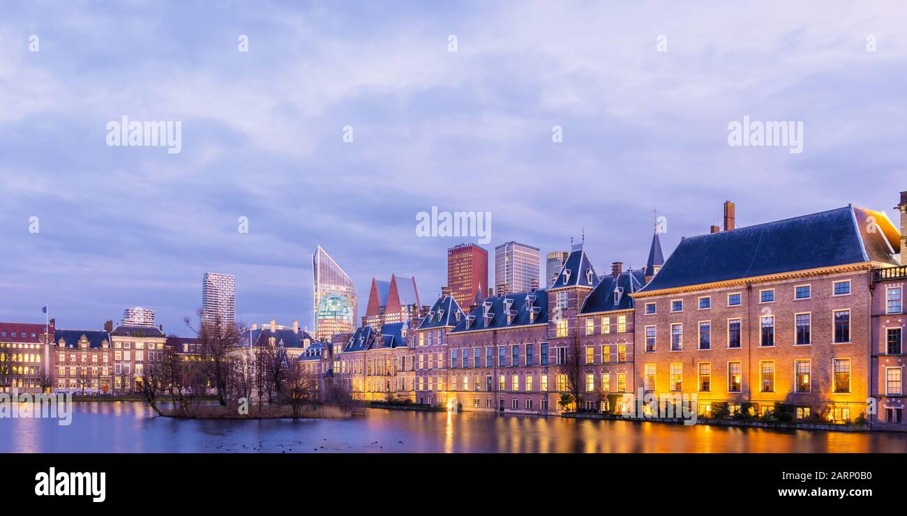 Panoramic evening view of The Hague city center with the historic parliament buildings Stock Photo