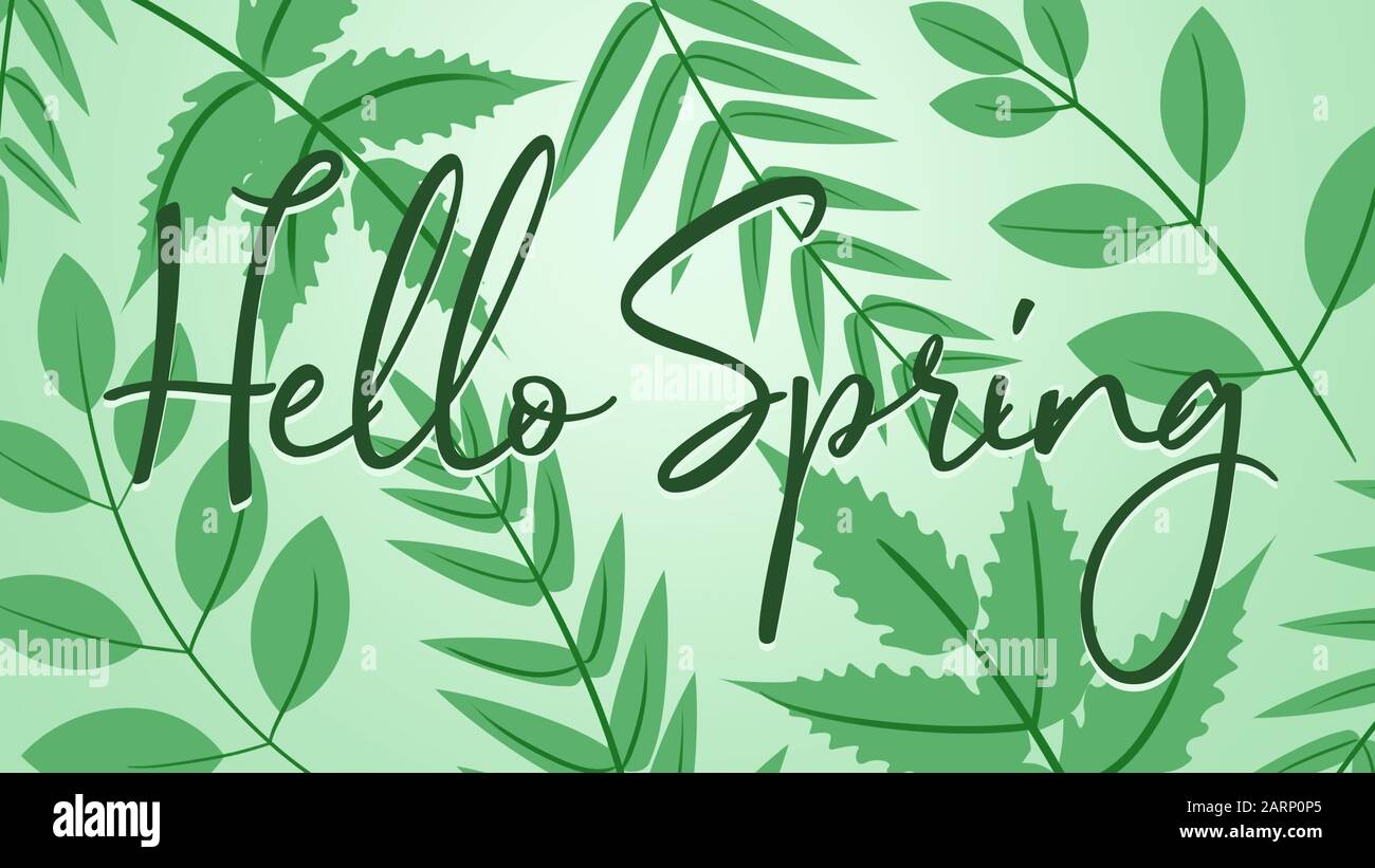 Hello spring text with leaves over pastel background Stock Photo - Alamy