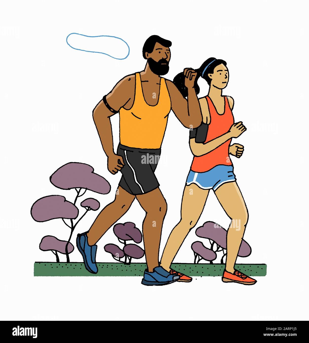 Man and woman jogging together with fitness trackers Stock Photo