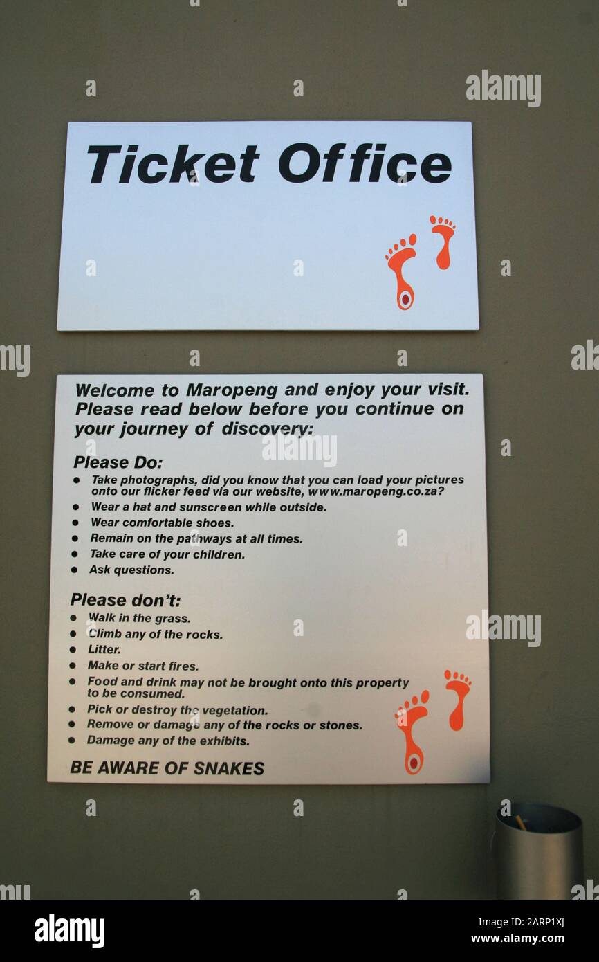 sign with print in front of the ticket office the cradle of humankind maropeng gauteng south africa stock photo alamy