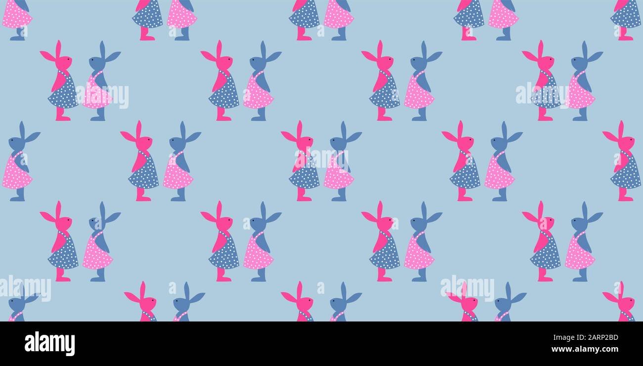 Easter background. Bright seamless pattern. Easter bunnies. Blue and pink.. Stock Vector
