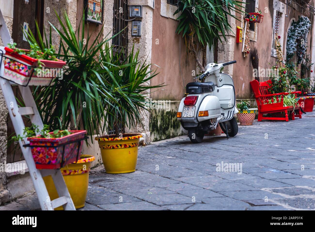 Green plants on a narrow street on the Ortygia island, historical part of Syracuse city, southeast corner of the island of Sicily, Italy Stock Photo
