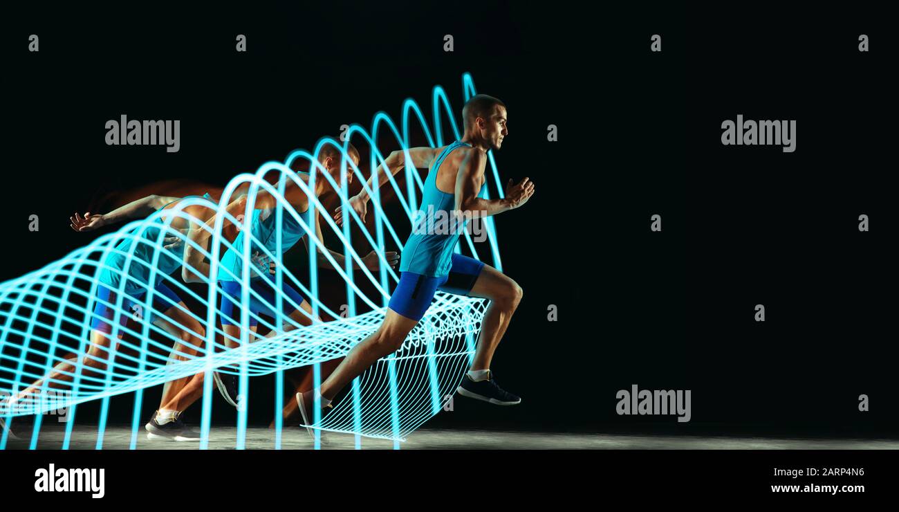 Creative Sport On Dark Neon Lighted Line Background Professional Runner Training In Action And Motion On Colorful Waves Concept Of Hobby Healthy Lifestyle Youth Movement Modern Style Flyer Stock Photo Alamy