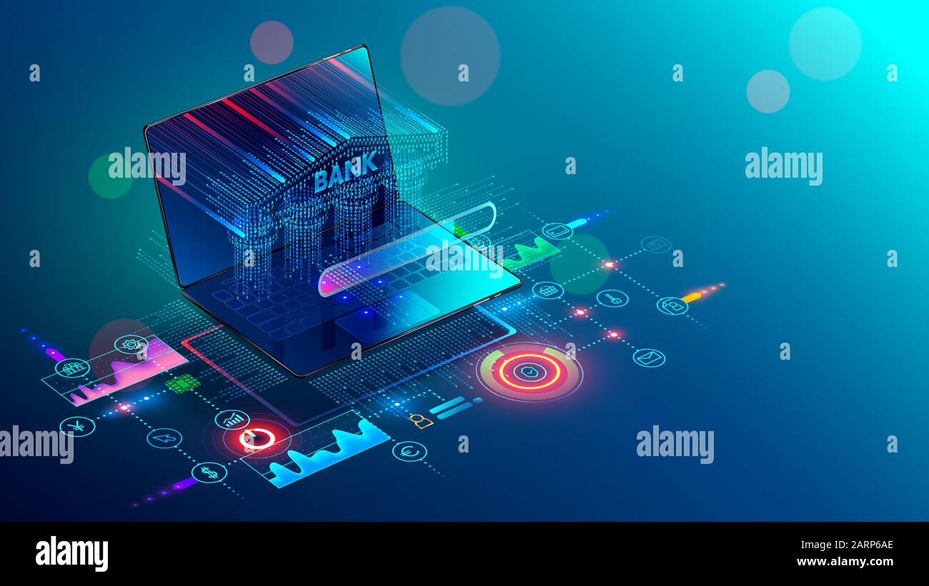 Online Internet banking 3d isometric banner. A Bank building with columns consisting of a digits matrix is shown on a laptop screen. Financial Stock Vector