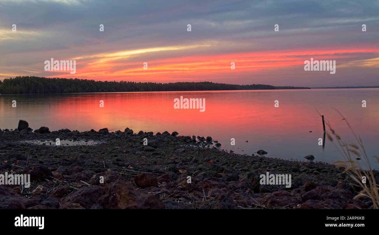 Sunset over the Gambia River from Tendaba Camp, Gambia. Stock Photo