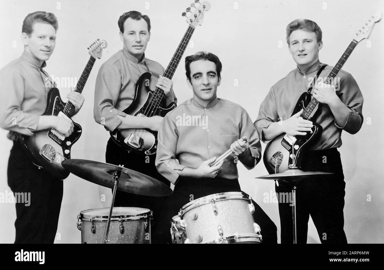 THE VENTURES Promotional photo of American rock group about 1961 with from left: Bob Bogle, Nokie Edwards, Mel Taylor, Don Wilson on Stock Photo