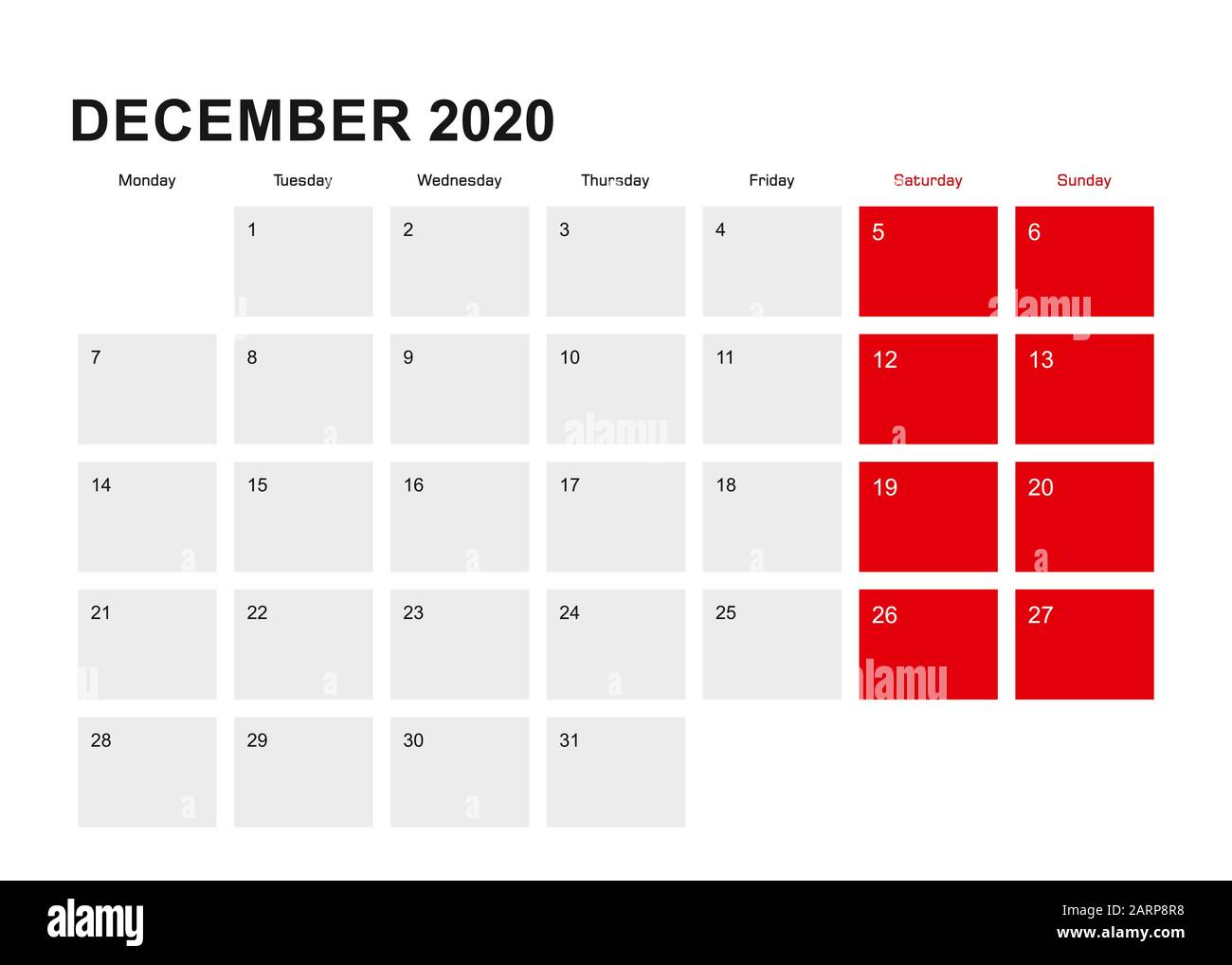 2020 December planner calendar design. Week starts from Monday. Vector ...