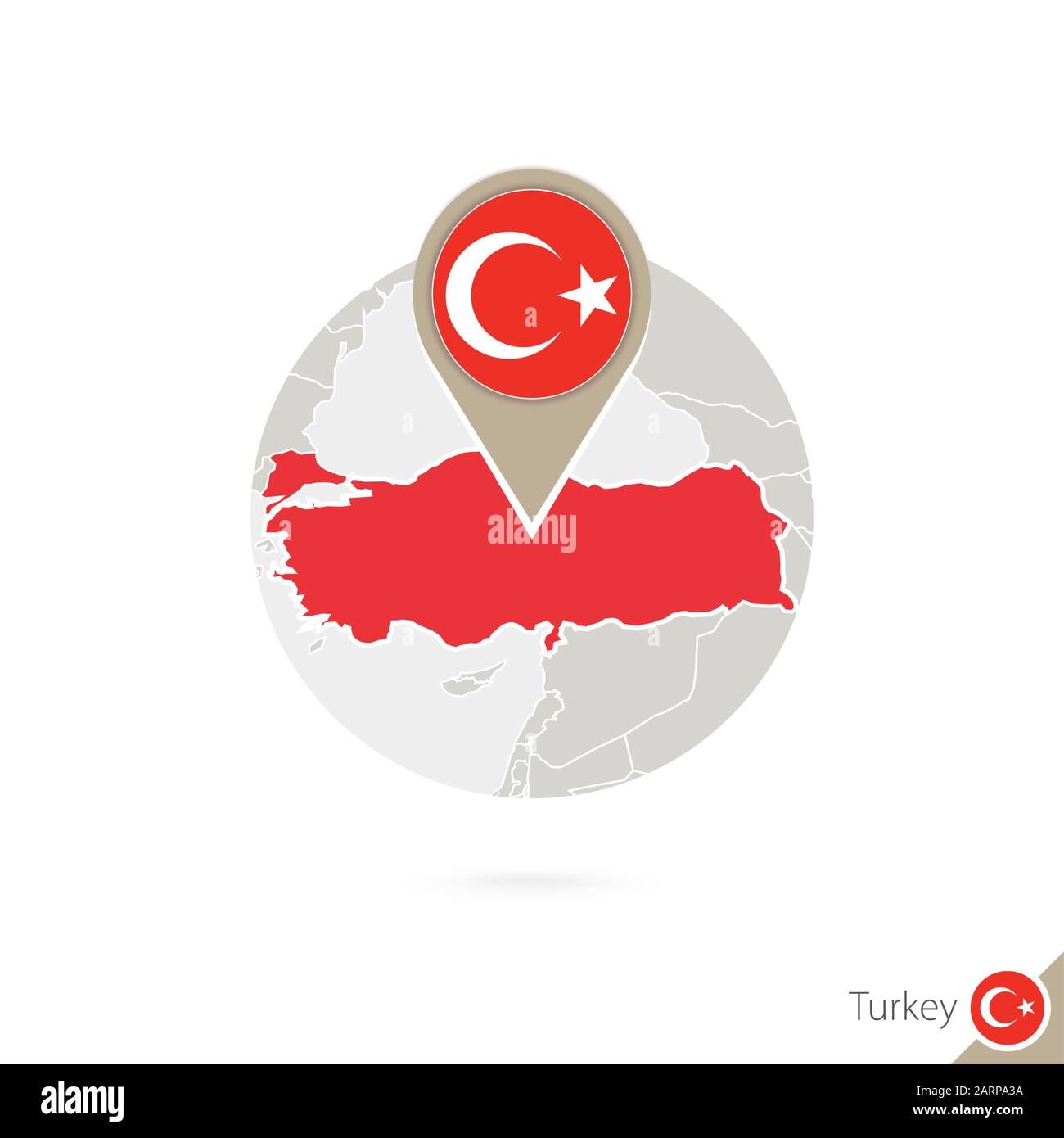 Turkey map and flag in circle. Map of Turkey, Turkey flag pin. Map of