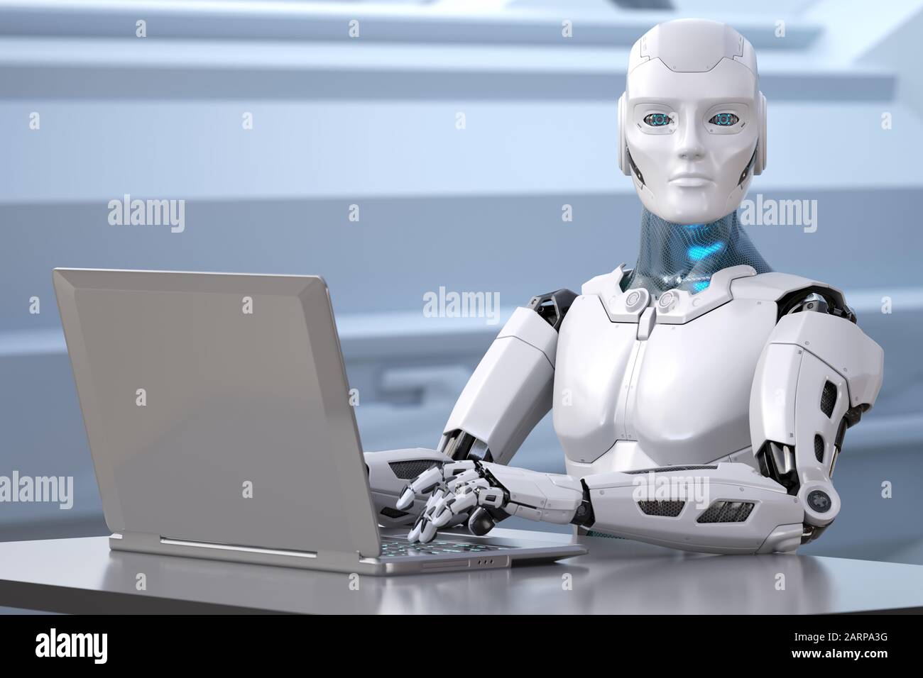 The robot works with a laptop. 3D illustration Stock Photo