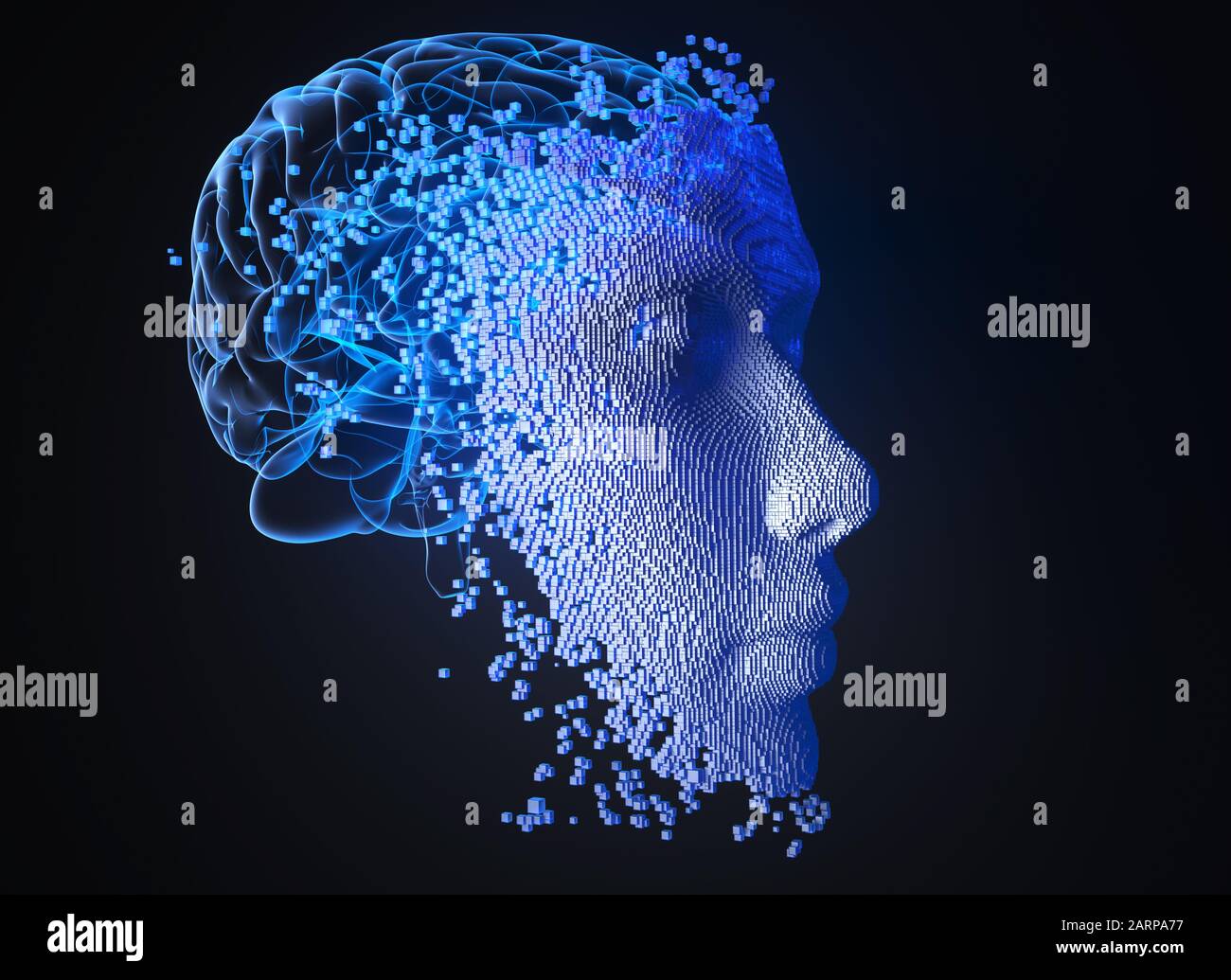 Face consisting of blocks. Artificial intelligence concept. 3D illustration Stock Photo