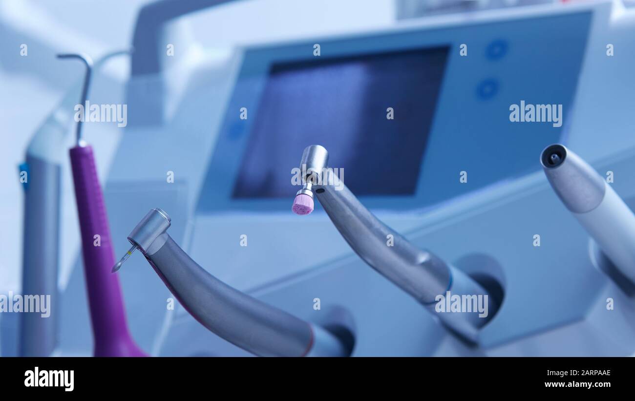 Different dental instruments and tools in a dentists office Stock Photo
