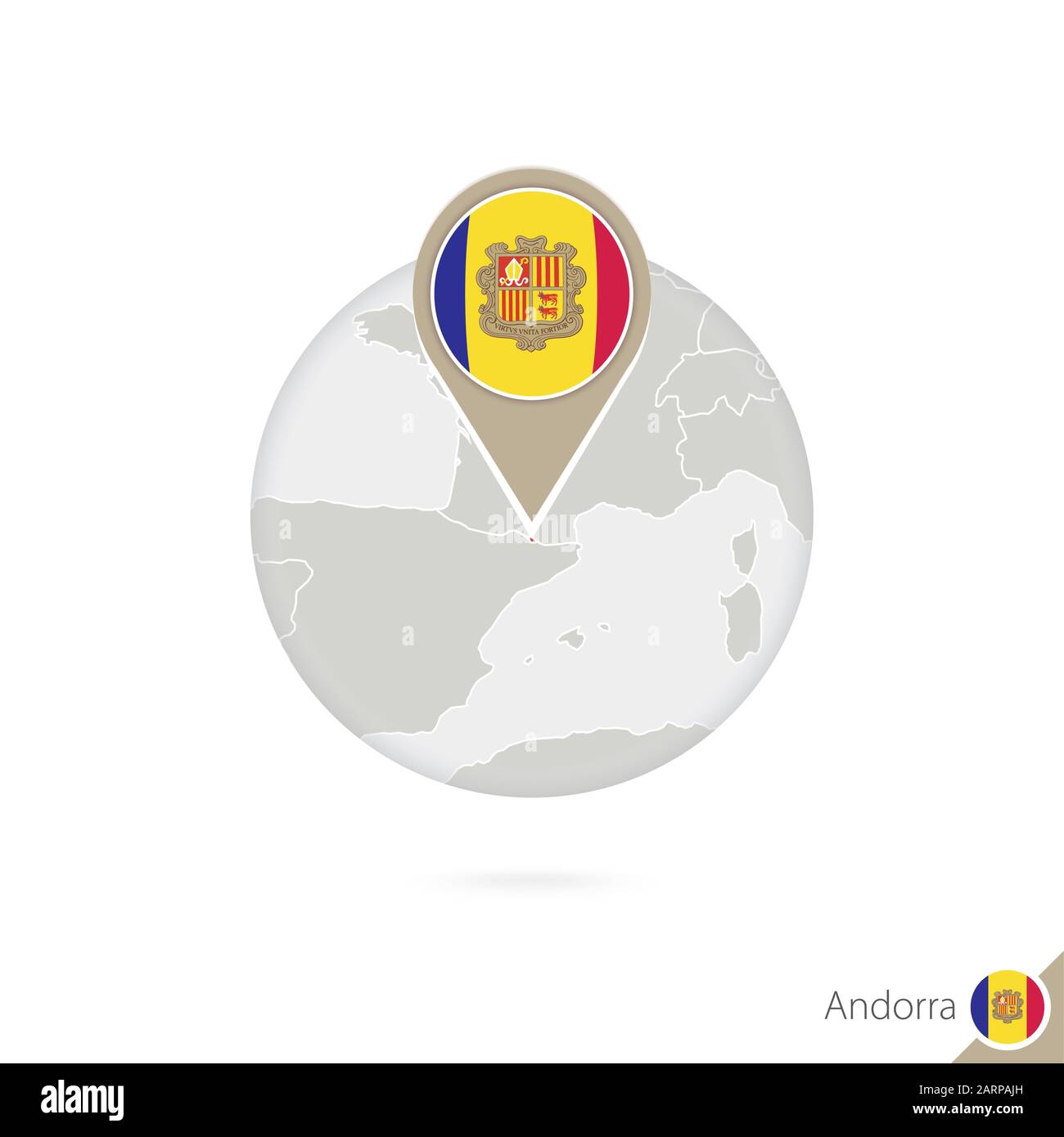 Andorra map and flag in circle. Map of Andorra, Andorra flag pin. Map of Andorra in the style of the globe. Vector Illustration. Stock Vector