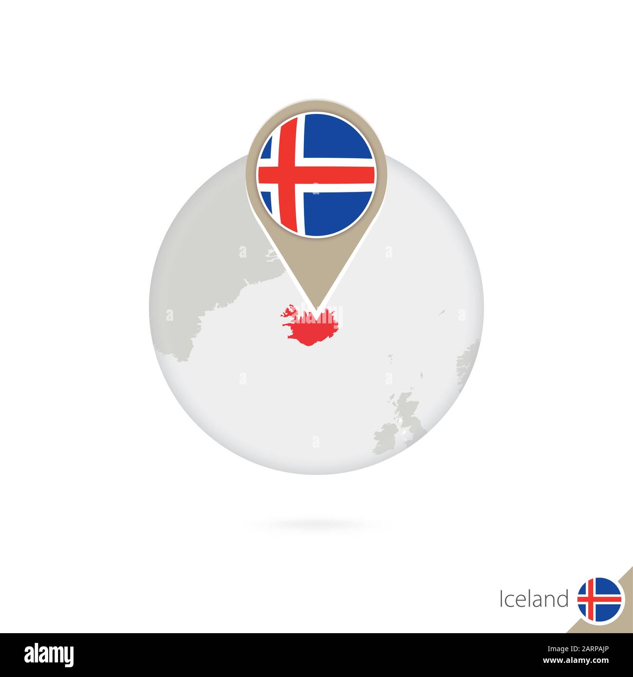 Iceland map and flag in circle. Map of Iceland, Iceland flag pin. Map of Iceland in the style of the globe. Vector Illustration. Stock Vector
