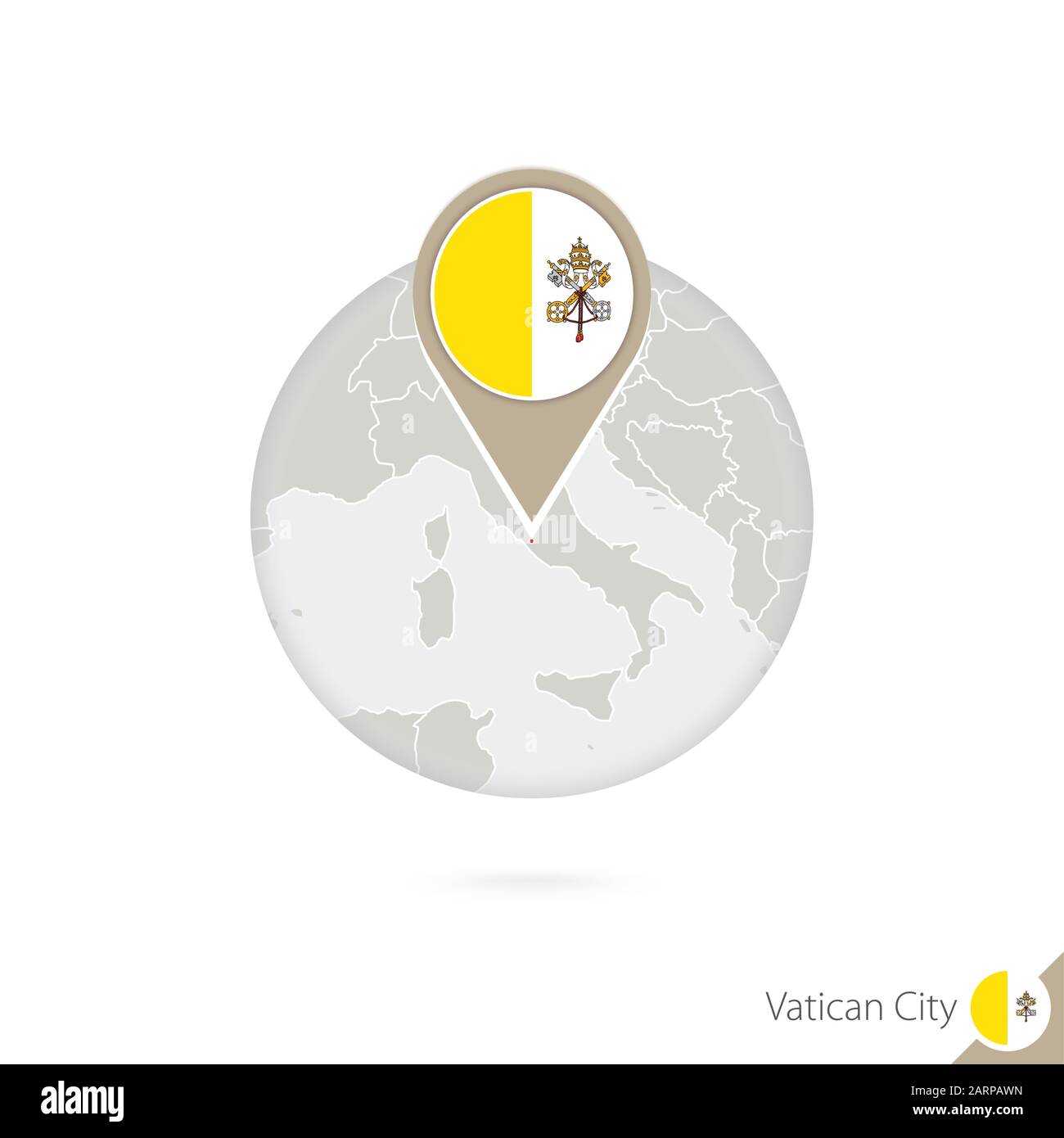 Vatican City map and flag in circle. Map of Vatican City, Vatican City flag pin. Map of Vatican City in the style of the globe. Vector Illustration. Stock Vector