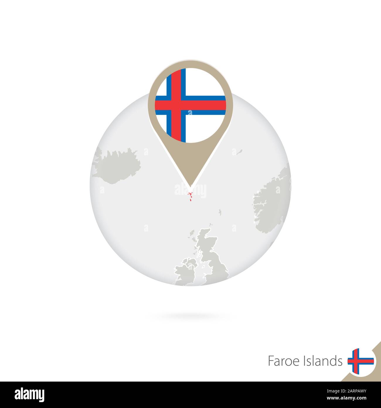 Faroe Islands map and flag in circle. Map of Faroe Islands, Faroe Islands flag pin. Map of Faroe Islands in the style of the globe. Vector Illustratio Stock Vector