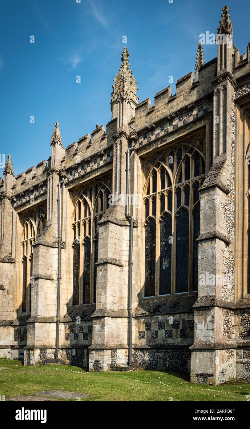 Buttress foundations. An example of external buttress foundation visible on the side of a traditional old English church building. Stock Photo