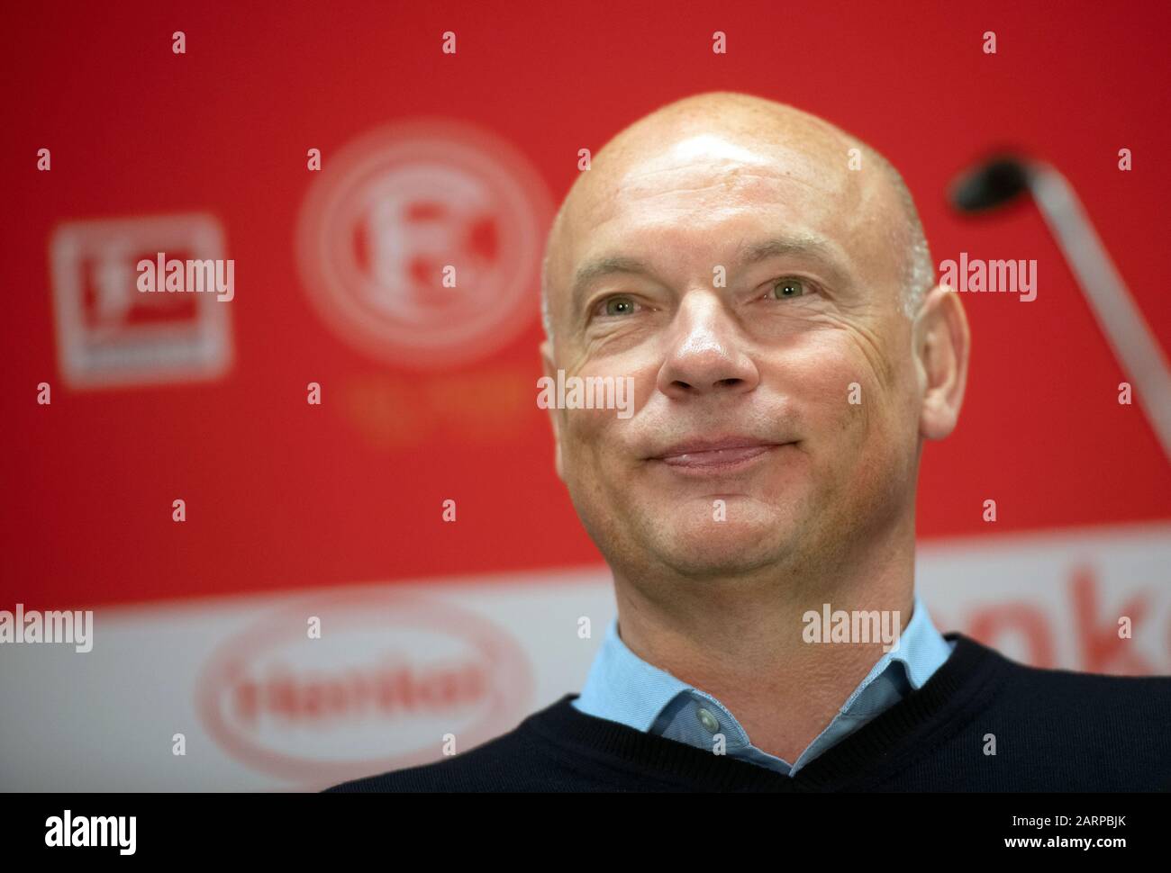29 January 2020, North Rhine-Westphalia, Duesseldorf: Uwe Rösler, new  trainer of Fortuna Düsseldorf smiles at a press conference. He was  introduced as the successor to Funkel. Photo: Bernd Thissen/dpa Stock Photo  -