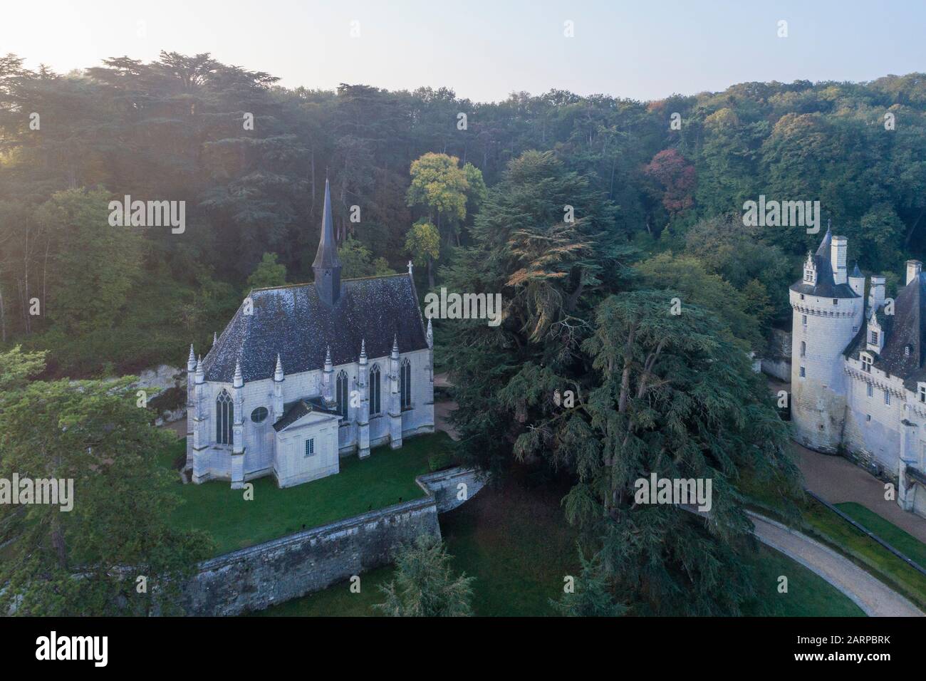 France, Indre et Loire, Loire Valley listed as World Heritage by UNESCO, Rigny Usse, Chateau d’Usse gardens, the Gothic chapel (aerial view) // France Stock Photo