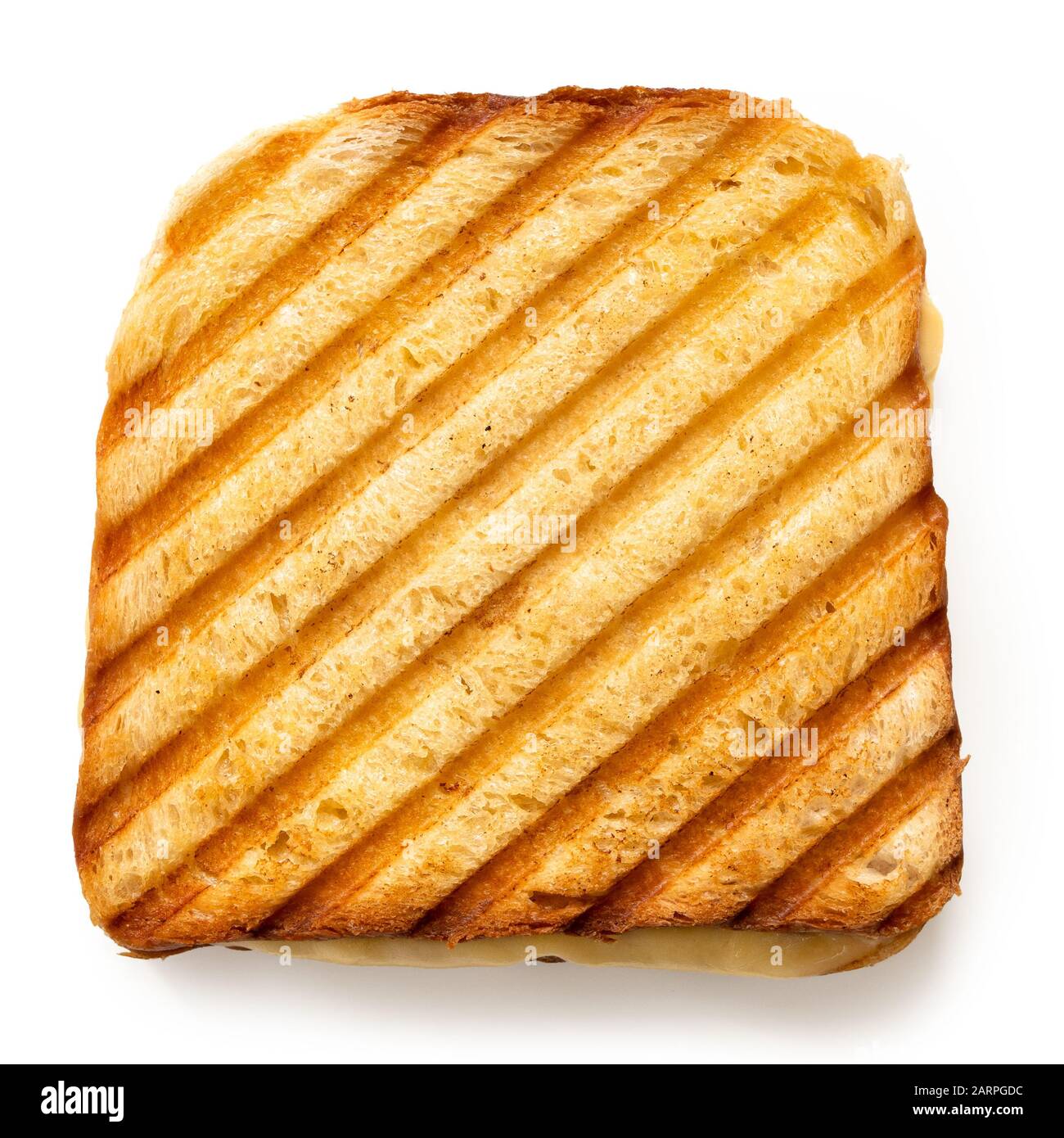 Toasted cheese sandwich with grill marks isolated on white. Top view