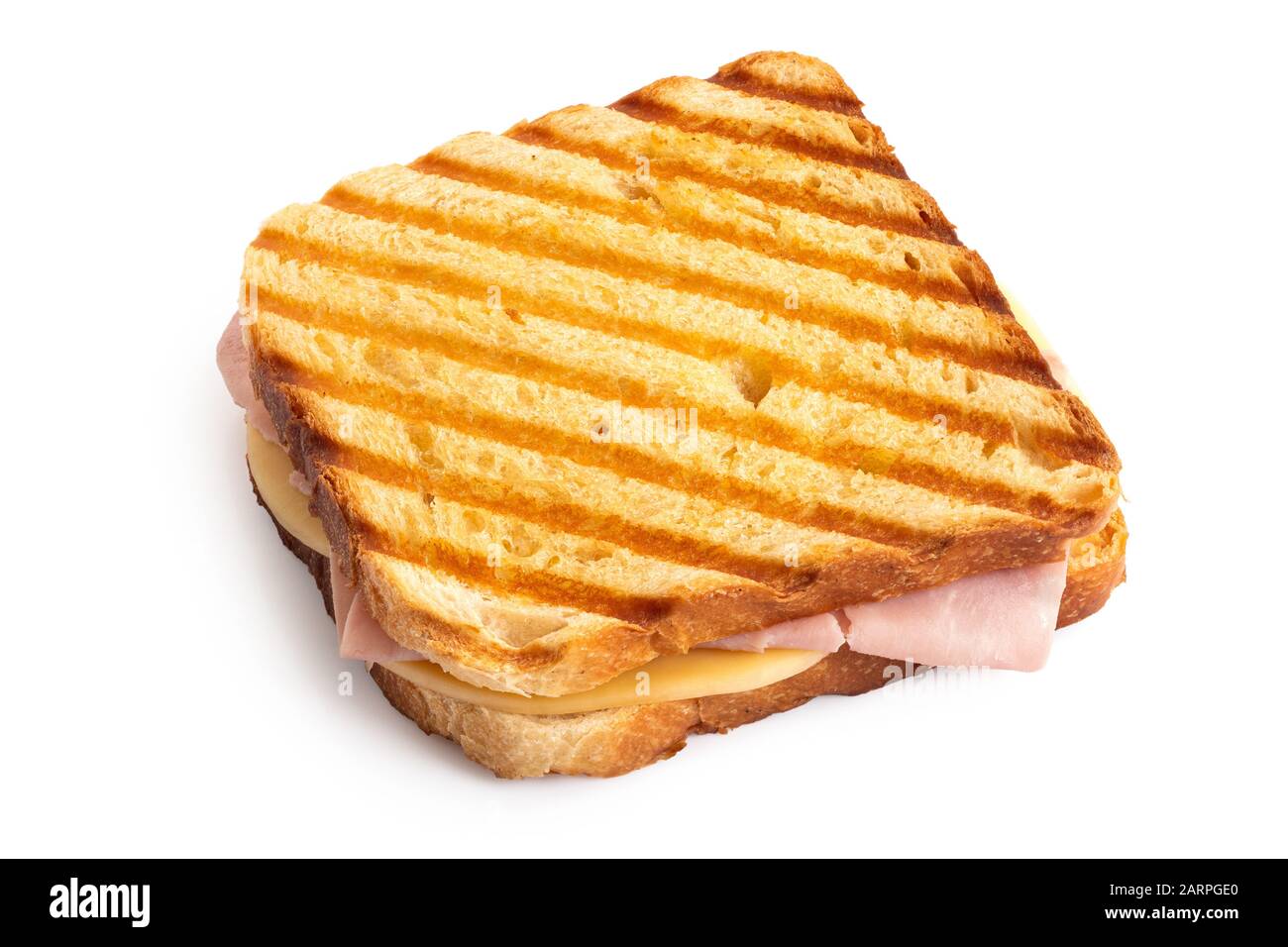 Toasted cheese and ham sandwich with grill marks isolated on white