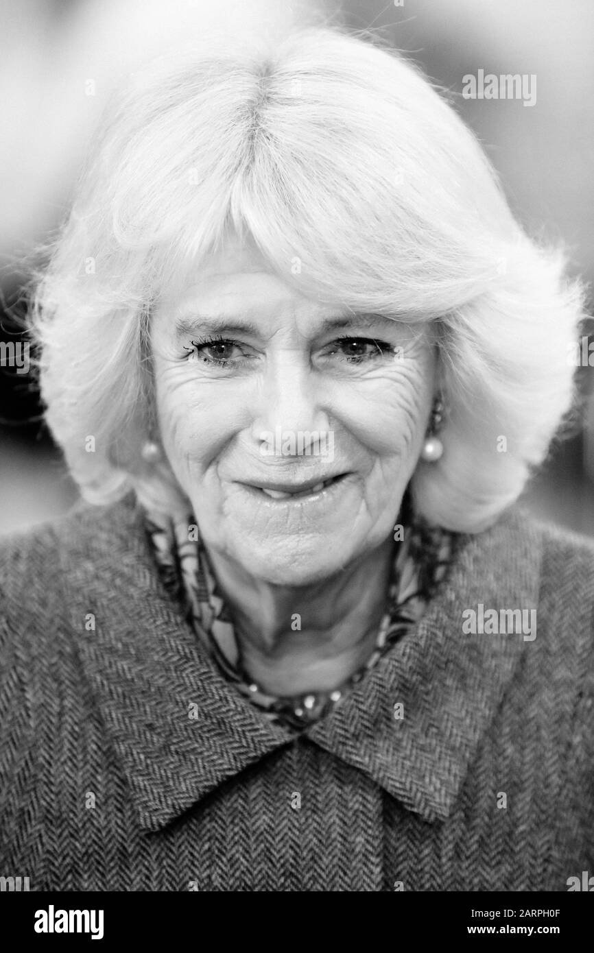 (EDITORS NOTE: Image has been converted to black and white) The Duchess of Cornwall, President of the Royal Voluntary Service, during a visit to the RVS Cornhill Centre in Banbury, Oxfordshire. PA Photo. Picture date: Wednesday January 29, 2020. Photo credit should read: Chris Jackson/PA Wire Stock Photo