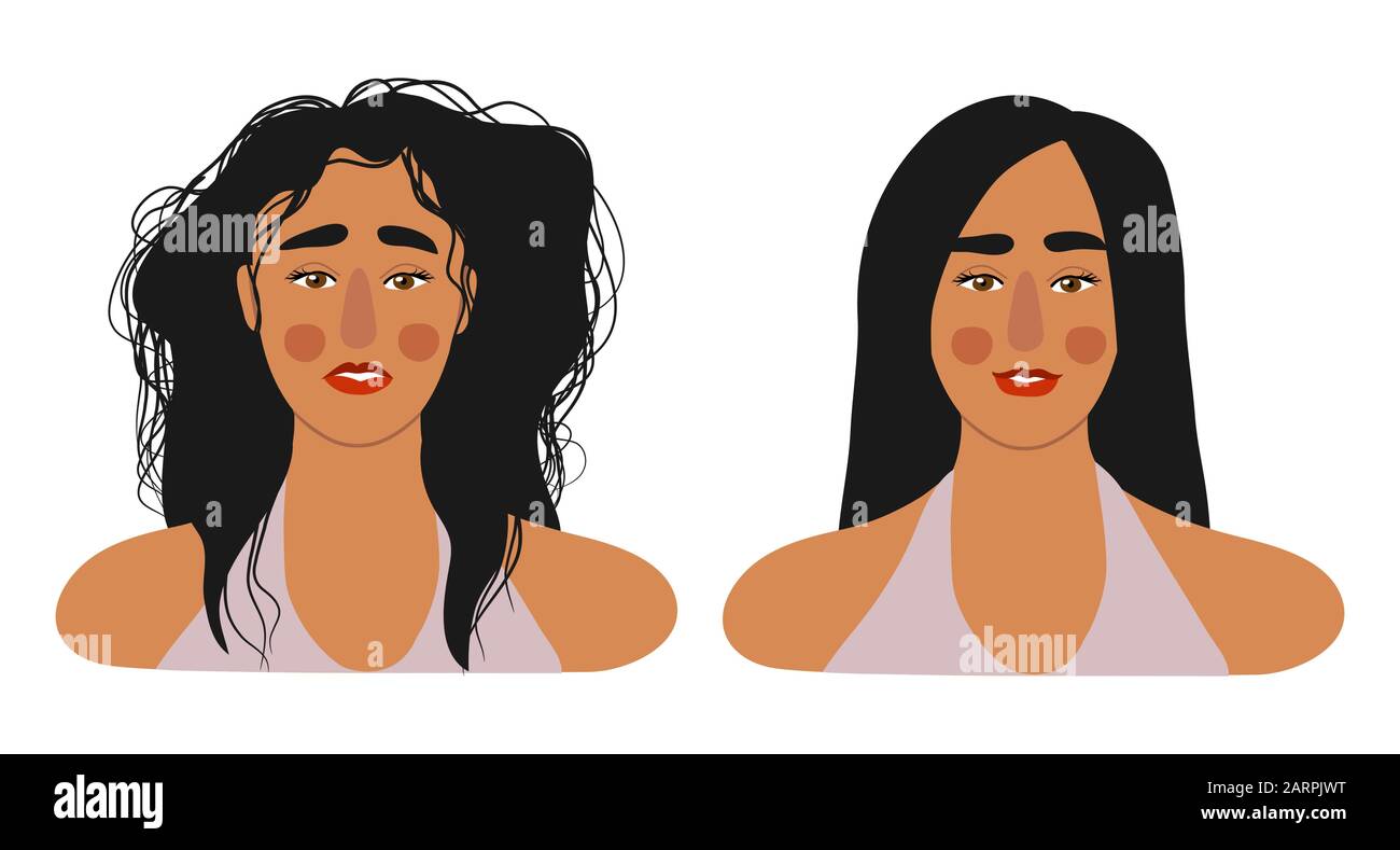 Faces of girls with long hair, with shaggy and combed. Isolated on white flat vector illustration. Stock Vector