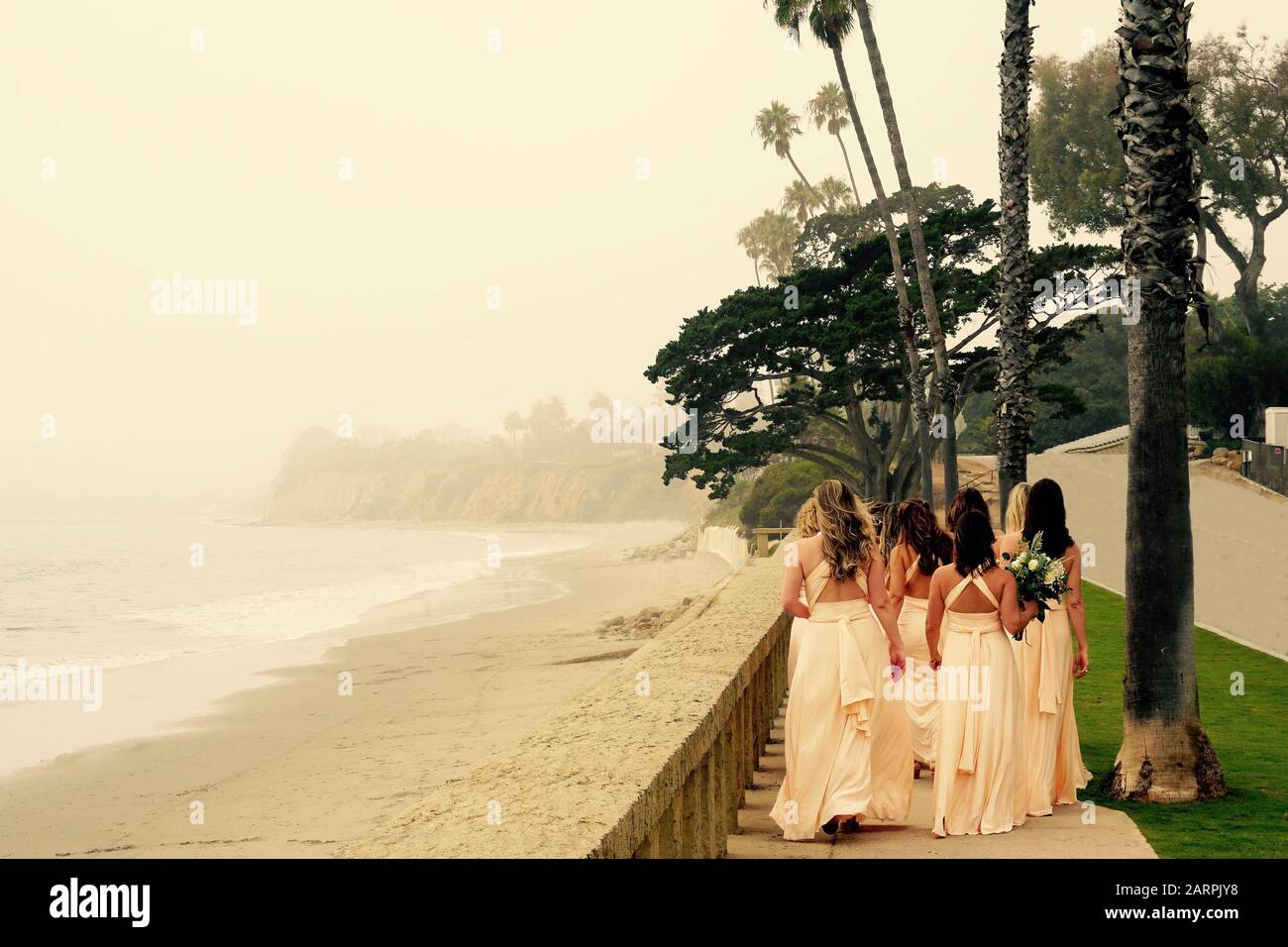 Group of bridesmaids are walking on the beach in Beverly Hills