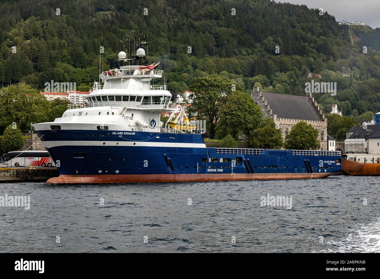 Offshore PSV fire fighting, stand-by vessel Island Dragon in the port ...
