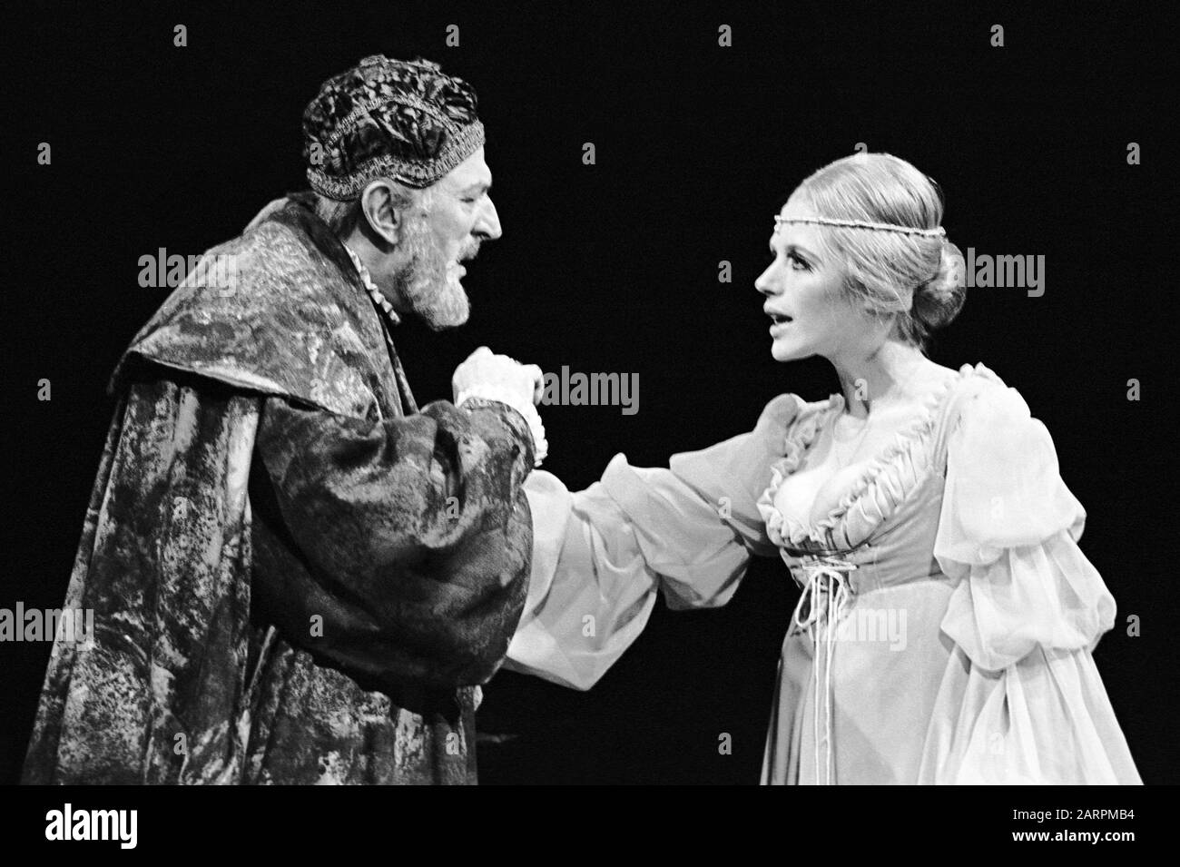 Marianne Faithfull as Ophelia, with Mark Dignam as Polonius, in HAMLET by Shakespeare directed by Tony Richardson at the Roundhouse, London in 1969. Marianne Faithfull, English singer, songwriter and actress, born 29 December 1946 in Hampstead, London.BW-010-8 Stock Photo