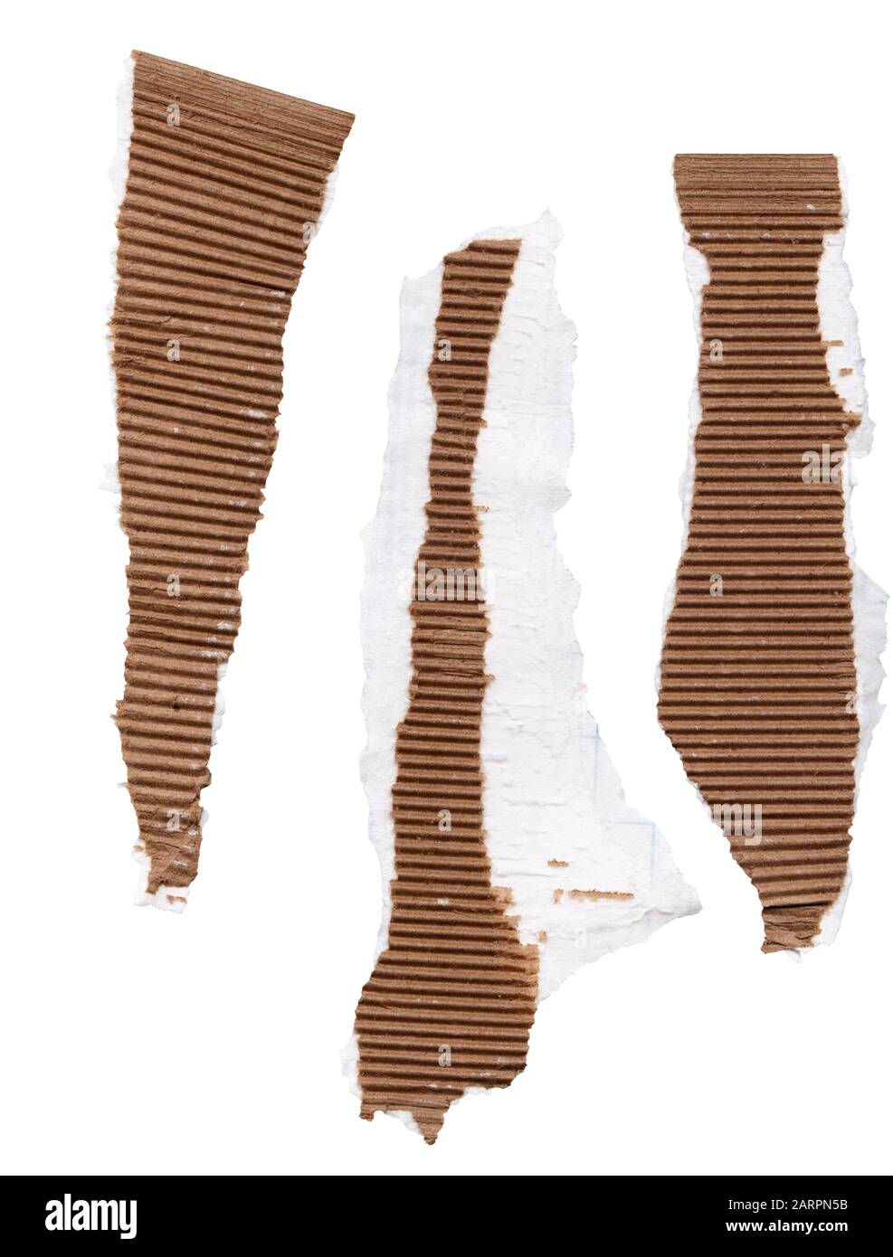 Three pieces of ripped corrugated cardboard packaging showing white edging on isolated background. This is a high resolution scan. Stock Photo