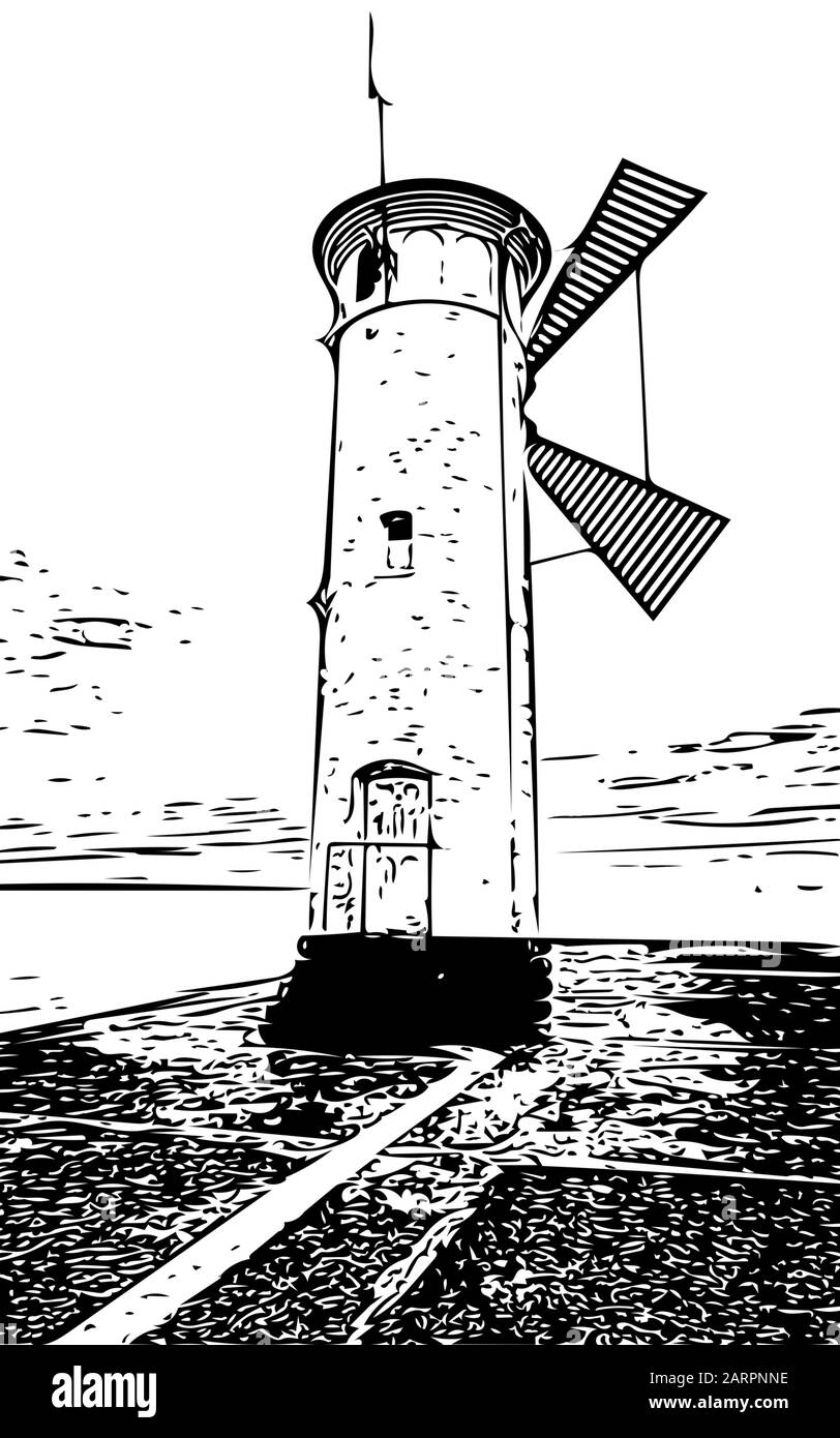 Vector illustration of a windmill and lighthouse on the Baltic Sea ...