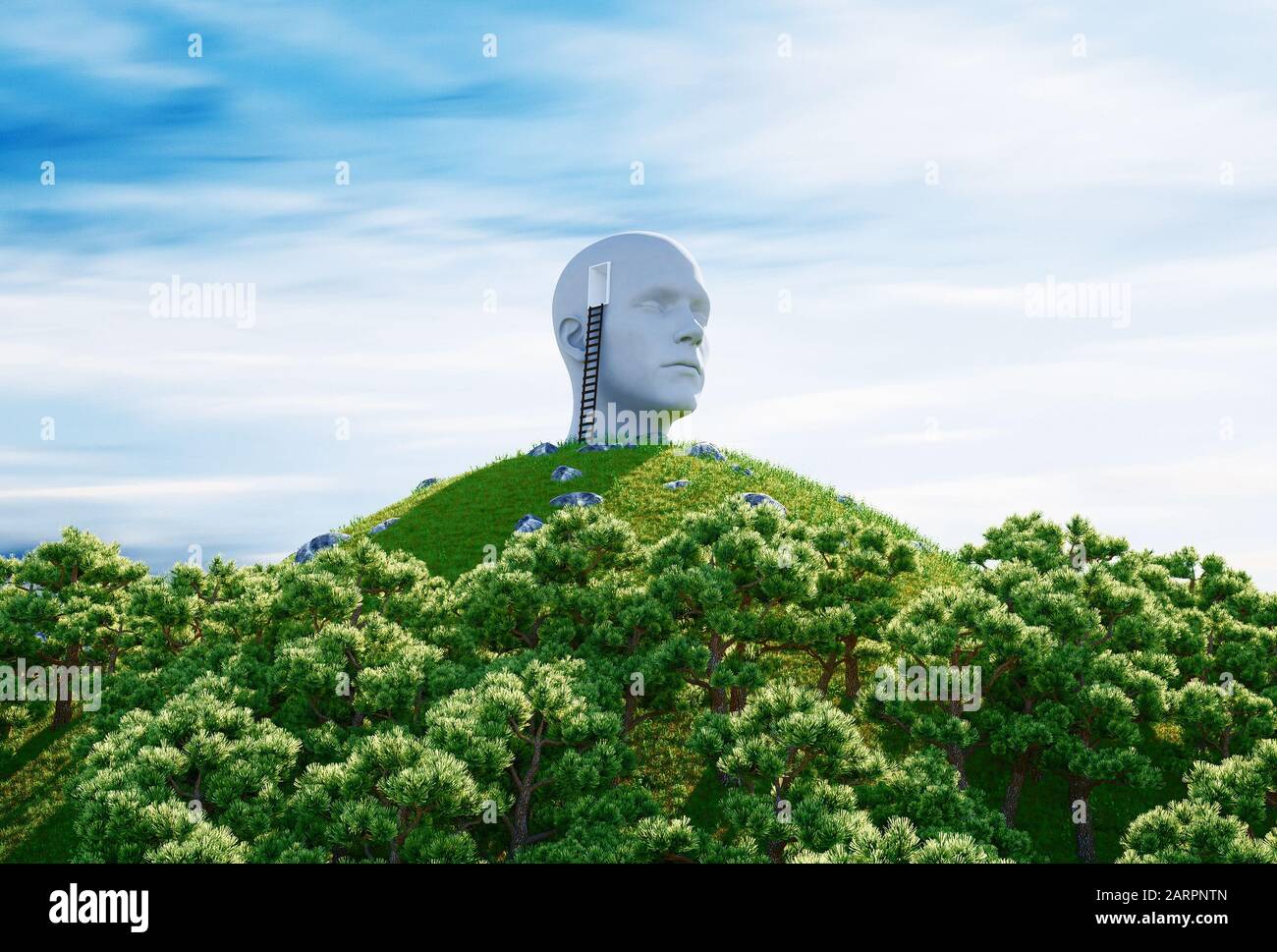 Statue human head and ladder on a hill. Surreal concept. 3d rendering Stock Photo
