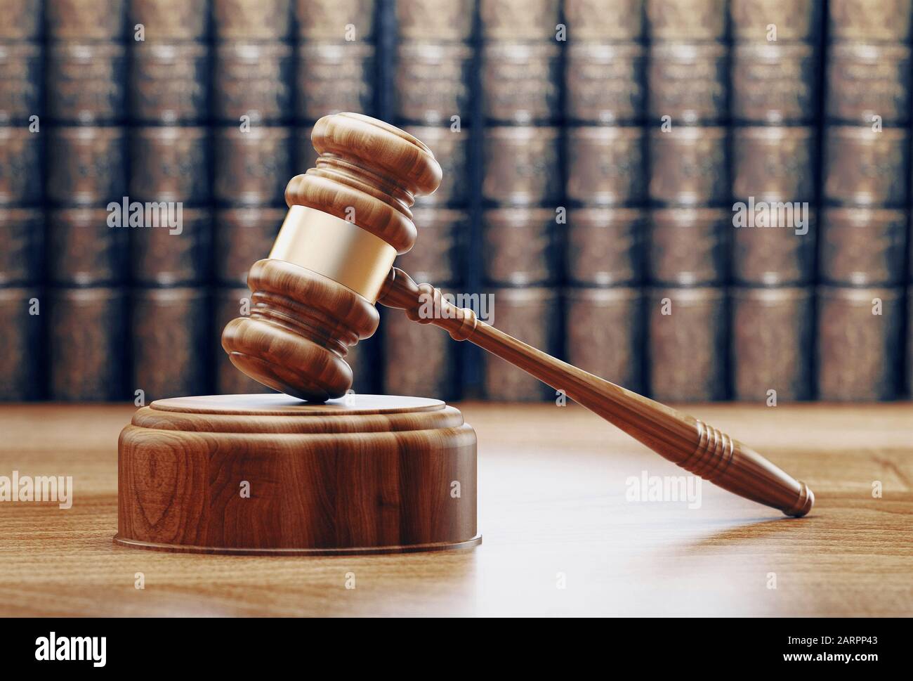 Law theme, mallet of the judge, wooden desk, scales of justice, books. 3d rendering Stock Photo