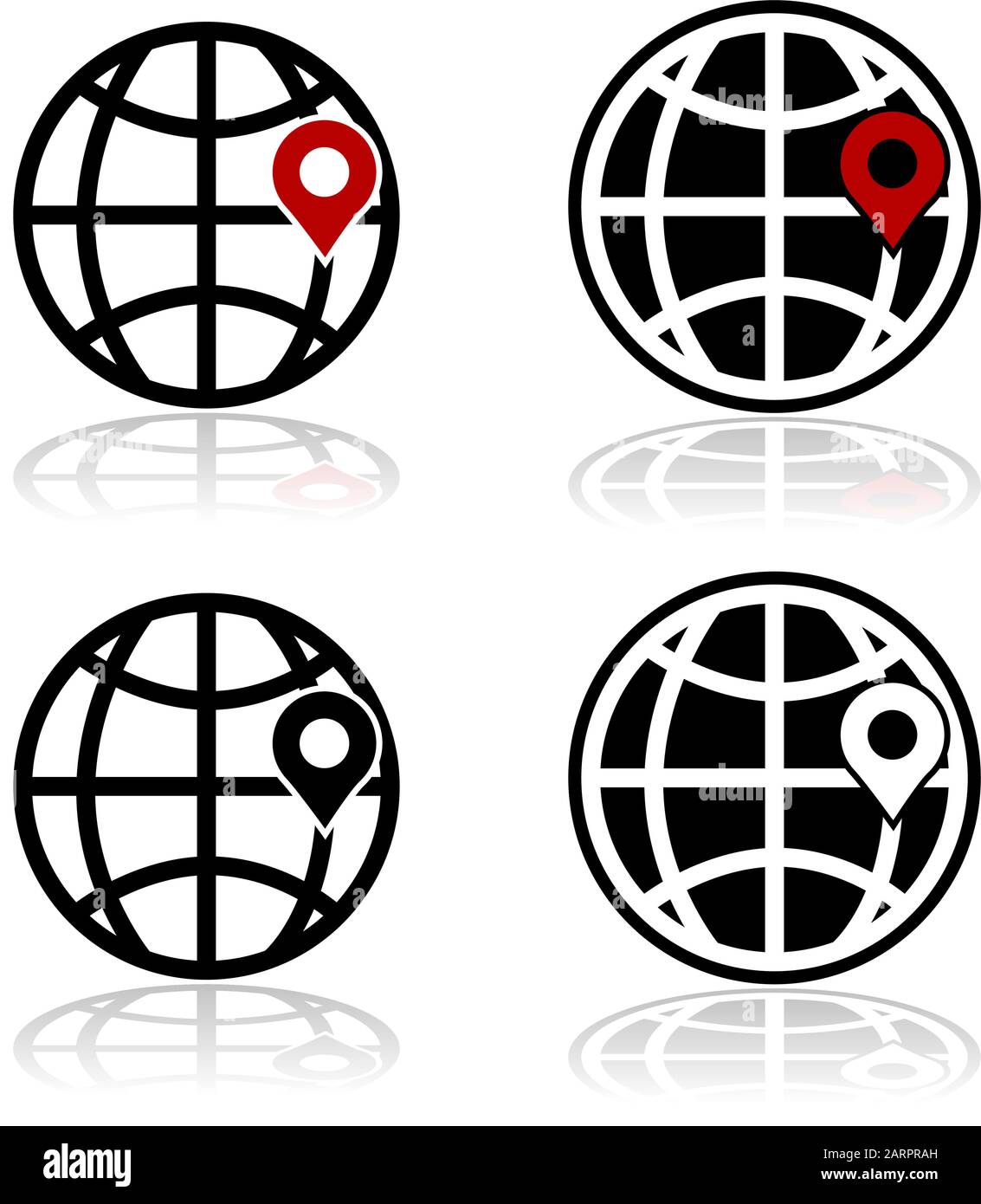 Icon set showing a globe with a location indicator on it Stock Vector