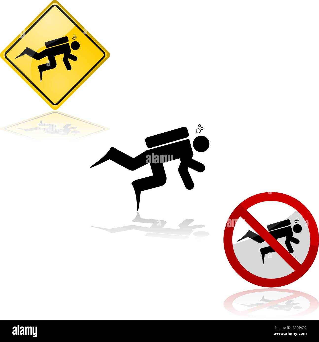 Icon set showing a diver and related signs allowing or forbidding the practice of the activity Stock Vector