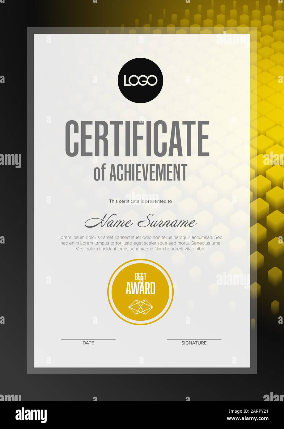 Modern certificate of achievement template with place for your content - yellow and black version Stock Vector