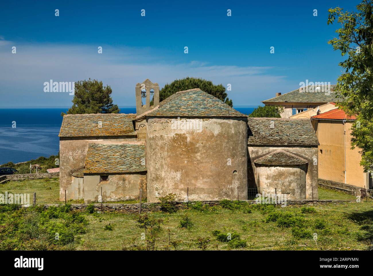 Eglise Santa Maria Assunta, 12th century church, Romanesque-Pisan style, in village of Canari, Cap Corse, Haute-Corse, Corsica, France Stock Photo