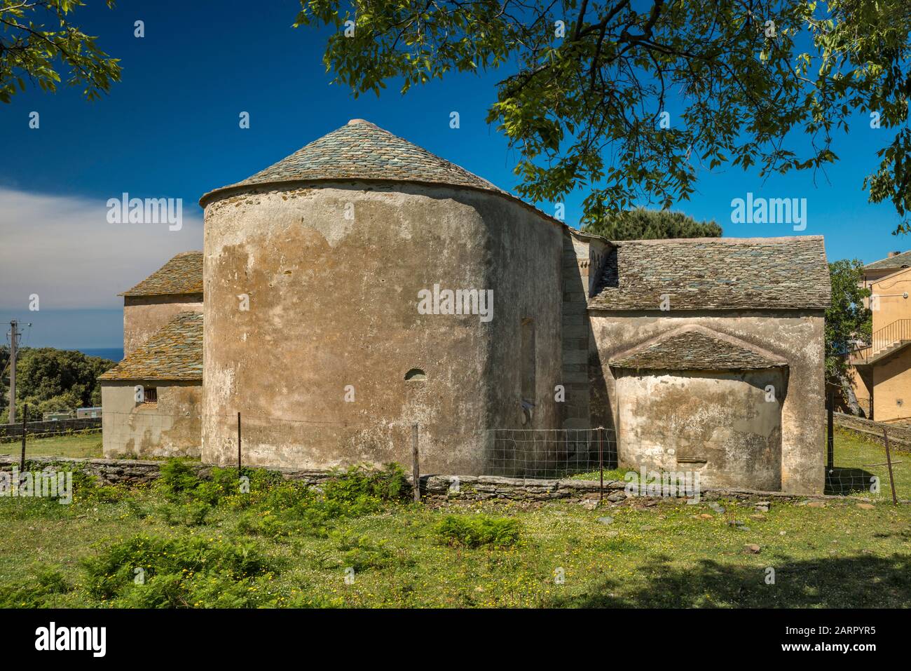 Eglise Santa Maria Assunta, 12th century church, Romanesque-Pisan style, in village of Canari, Cap Corse, Haute-Corse, Corsica, France Stock Photo