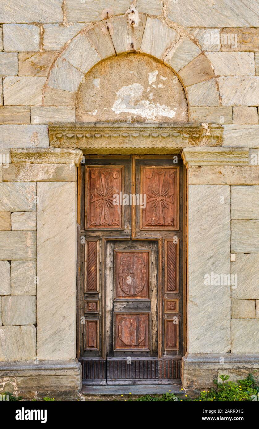 Entrance at Eglise Santa Maria Assunta, 12th century church, Romanesque-Pisan style, in village of Canari, Cap Corse, Haute-Corse, Corsica, France Stock Photo
