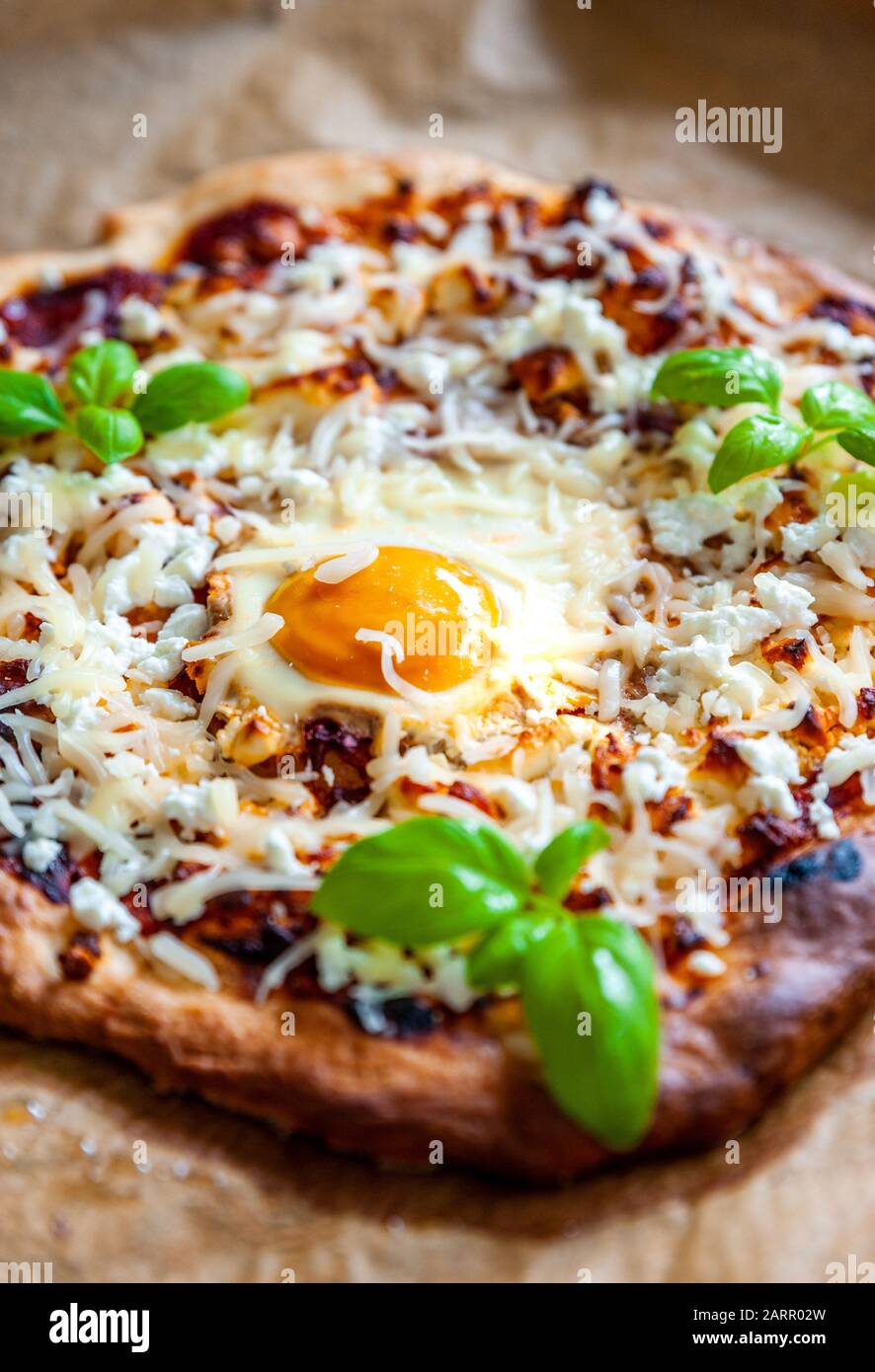 Pizza with egg, cheese and herbs. Rustic scene and dramatic light. Stock Photo