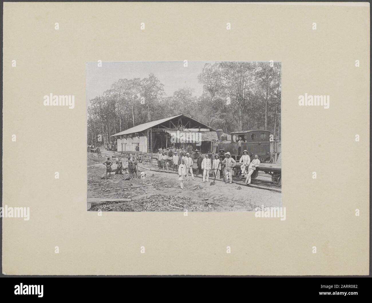 Deli Maatschappij: Pen drawings to photographs  Railway placement with group of farm workers, planters, Chinese coolies and surveyor. Behind them a steam locomotive Annotation: Signed: E.A. Tilly? Location: Aceh Stock Photo