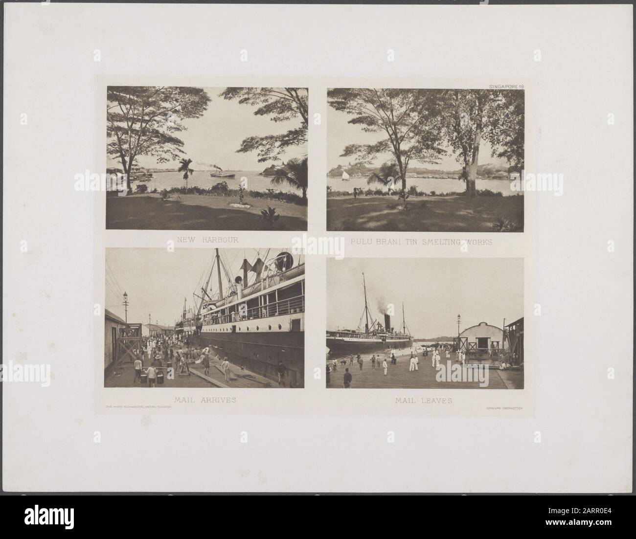 Photo Album Deli Maatschappij The Malay Peninsula Singapore Top Left New Harbour Top Right Pulu Brani Tin Melting Works Bottom Left Mail Arrives Bottom Right Mail Leaves Stock Photo Alamy