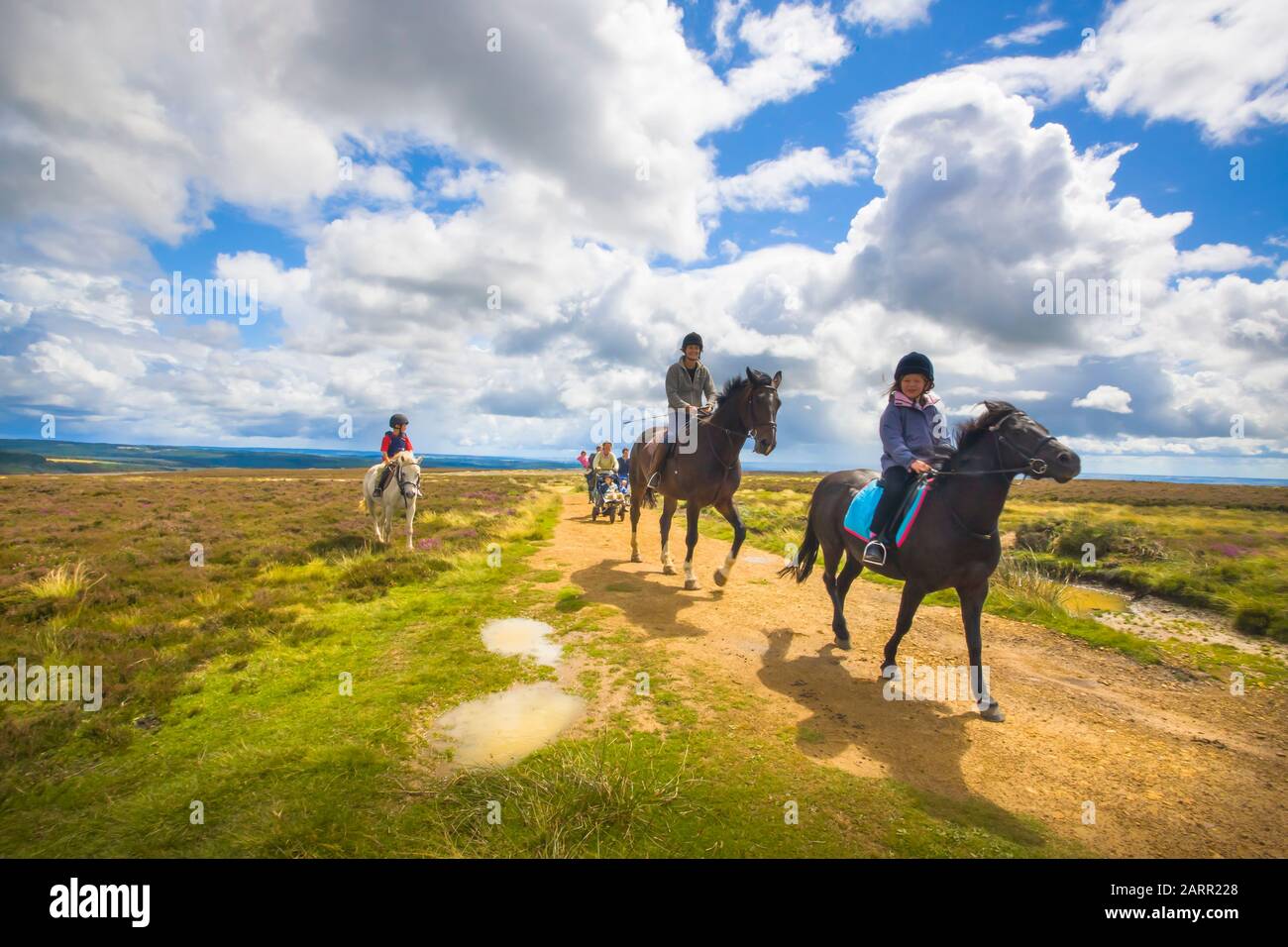 Horse Riders and walkers on a track across the North York Moors. Stock Photo