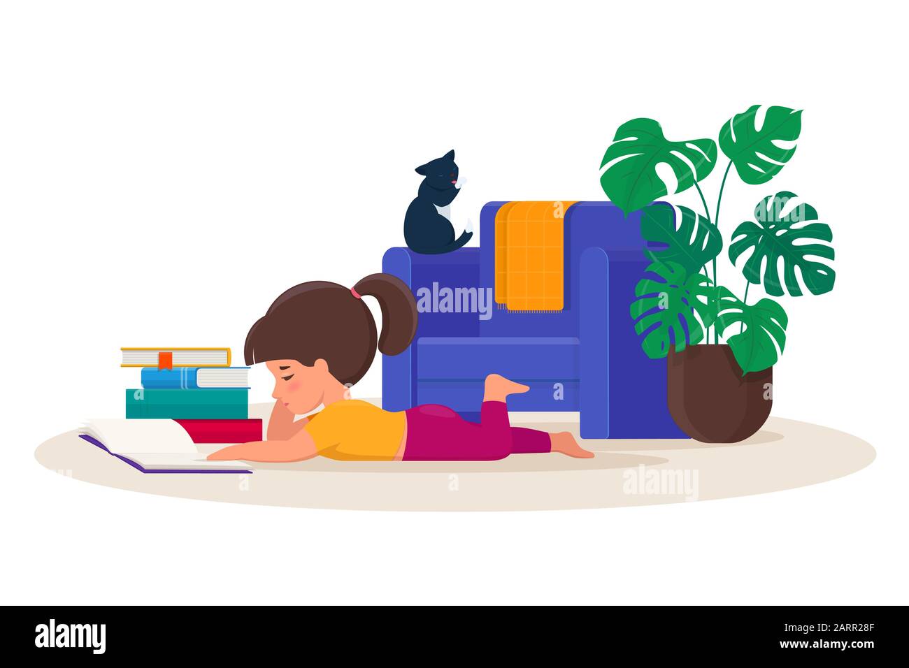 Girl lying on the floor reading a book Stock Vector Image & Art - Alamy