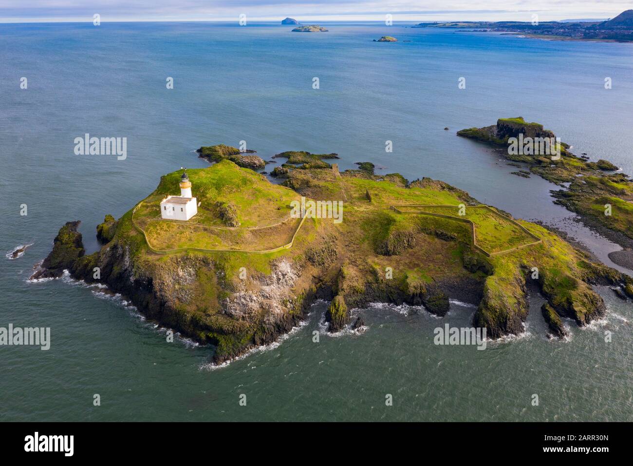 Aerial view of Fidra Island in the Firth of Forth, Scotland, UK Stock Photo