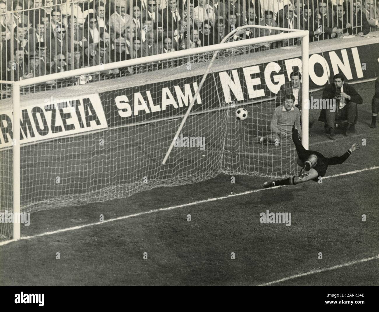 Scoring during a football match, Milan, Italy 1970s Stock Photo