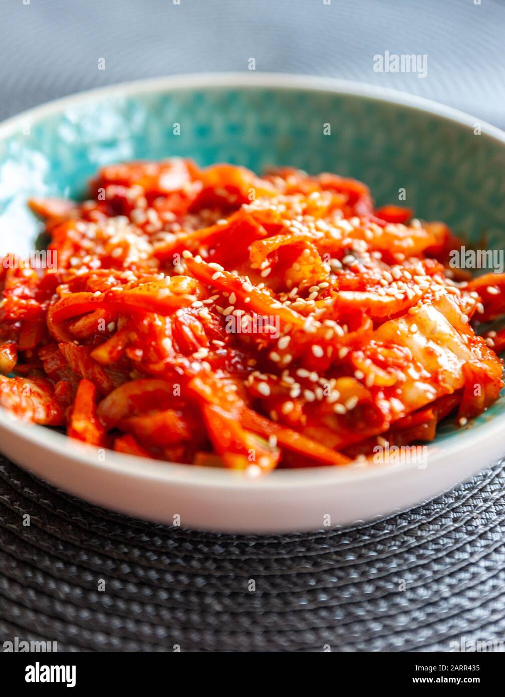Traditional Korean kimchi. Fermented Chinese cabbage. Stock Photo