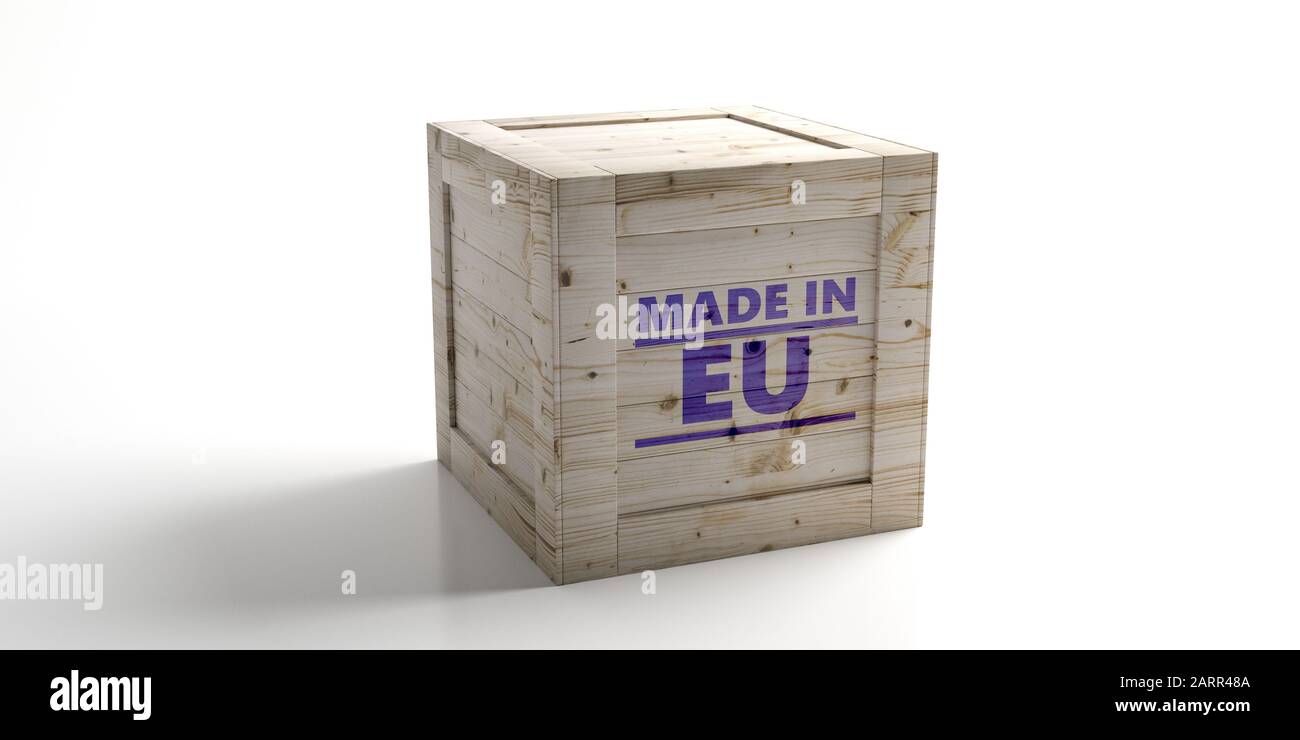 Made in Europe, made in EU text on a crate isolated against white background. European product