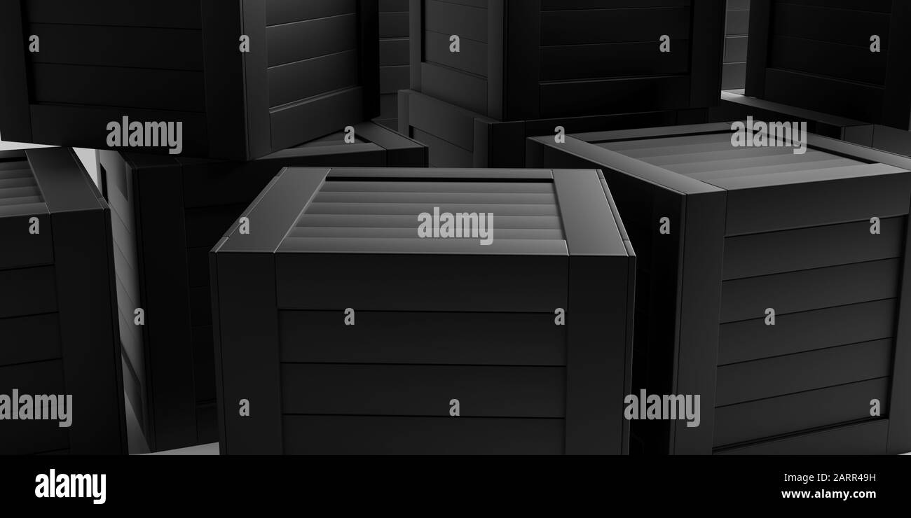 Crates background. Closed wood box containers black color for transport ...