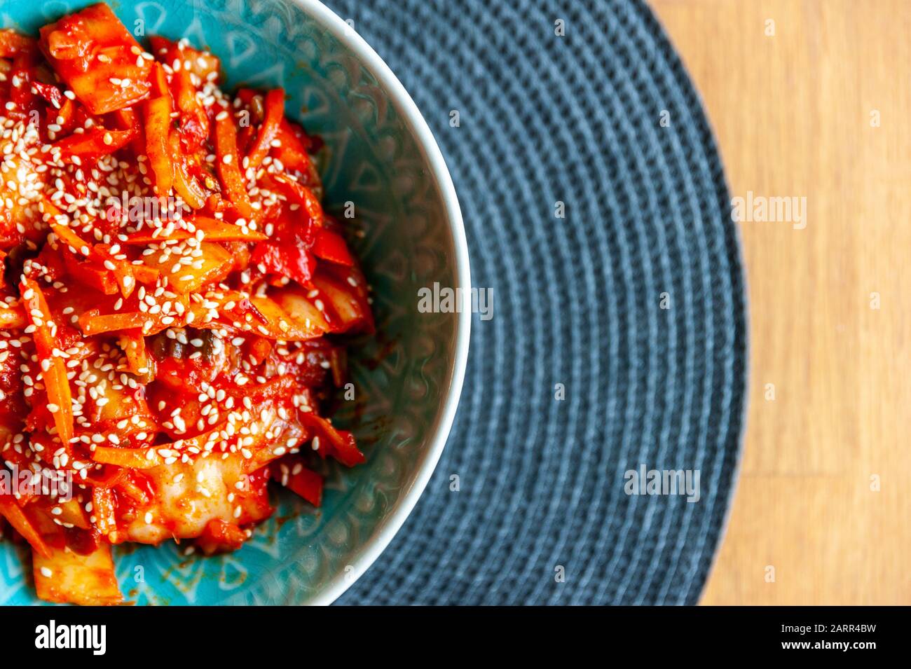 Above shot of a traditional Korean kimchi. Fermented Chinese cabbage. Stock Photo